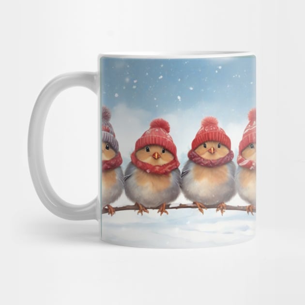 Four Cute Robins in Hats and Scarves on a Branch by susiesue